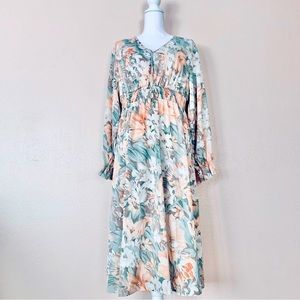 Emery Rose Sage Green, Peach & Light Brown Floral Long Sleeve Dress.